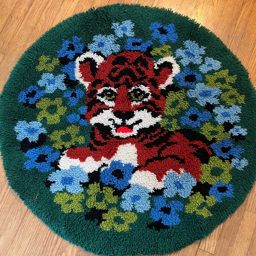 1970s Vintage Lisa Frank Style Tiger Latch Hook Rug